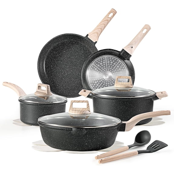 14 Piece Nonstick Granite Cookware Set for Induction Stovetops with Frying Pans Saucepan Saut Pan and Casserole
