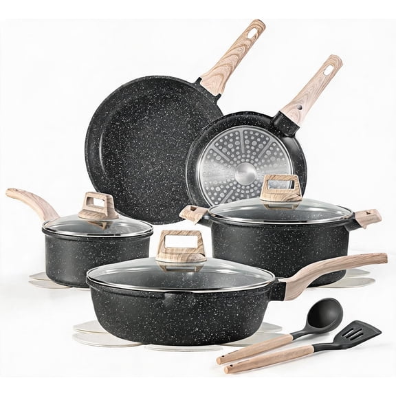 14 Piece Nonstick Granite Cookware Set with Frying Pans Saucepans Saute Pan and Casserole