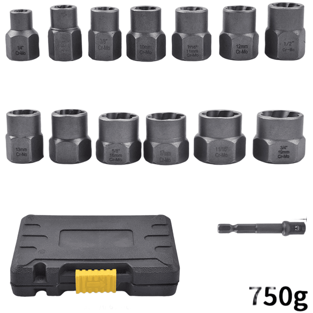 14 Piece Nut Extractor Set Reverse Thread Sockets With Deep Spiral Grooves