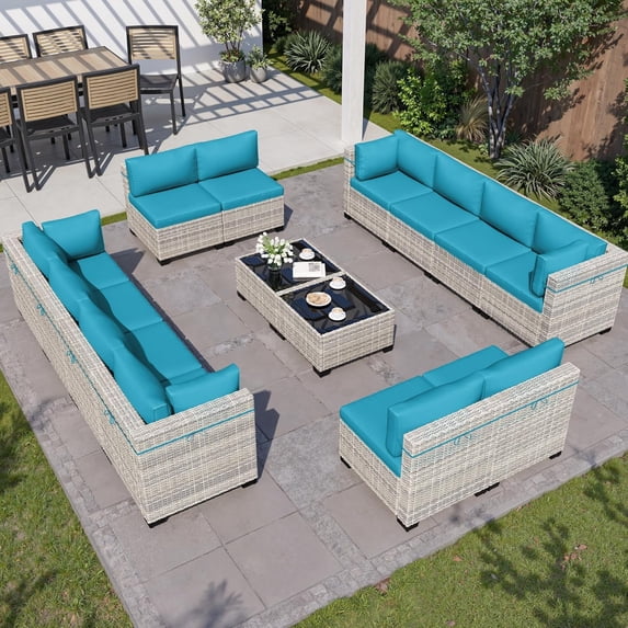 14-Piece Outdoor Patio Furniture Set, PE Wicker Rattan Sectional Sofa Conversation Set with Tempered Glass Table & Thick Cushions - All-Weather Garden, Backyard Furniture,Turquoise