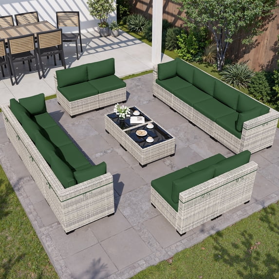 14-Piece Outdoor Patio Furniture Set, PE Wicker Rattan Sectional Sofa Conversation Set with Tempered Glass Table & Thick Cushions - All-Weather Garden, Backyard Furniture,Dark Green