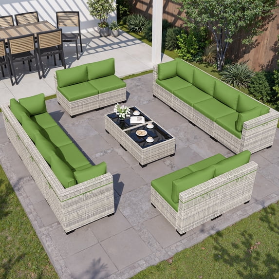 14-Piece Outdoor Patio Furniture Set, PE Wicker Rattan Sectional Sofa Conversation Set with Tempered Glass Table & Thick Cushions - All-Weather Garden, Backyard Furniture,Grass Green
