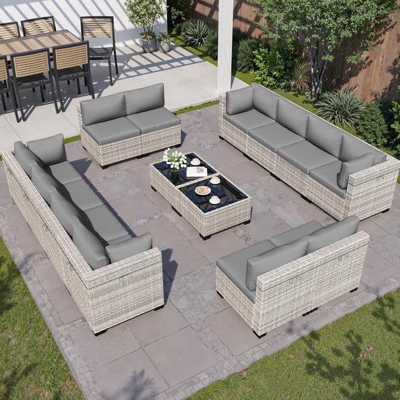 14-Piece Outdoor Patio Furniture Set, PE Wicker Rattan Sectional Sofa Conversation Set with Tempered Glass Table & Thick Cushions - All-Weather Garden, Backyard Furniture,Grey