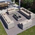 thumbnail image 1 of 14-Piece Outdoor Patio Furniture Set, PE Wicker Rattan Sectional Sofa Conversation Set with Tempered Glass Table & Thick Cushions - All-Weather Garden, Backyard Furniture,Beige, 1 of 7