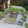 thumbnail image 1 of 14-Piece Outdoor Patio Furniture Set with Rocking Swivel Chair, Wicker Rattan Sectional Sofa Conversation Set with 55,000 BTU Fire Pit Table, Backyard Furniture,Grass Green, 1 of 11