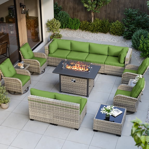 14-Piece Outdoor Patio Furniture Set with Rocking Swivel Chair, Wicker Rattan Sectional Sofa Conversation Set with 55,000 BTU Fire Pit Table, Backyard Furniture,Grass Green