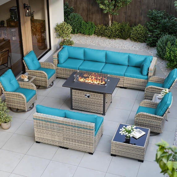 14-Piece Outdoor Patio Furniture Set with Rocking Swivel Chair, Wicker Rattan Sectional Sofa Conversation Set with 55,000 BTU Fire Pit Table, Backyard Furniture,Turquoise