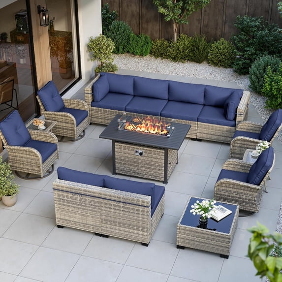 14-Piece Outdoor Patio Furniture Set with Rocking Swivel Chair, Wicker Rattan Sectional Sofa Conversation Set with 55,000 BTU Fire Pit Table, Backyard Furniture,Navy Blue