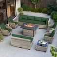 thumbnail image 1 of 14-Piece Outdoor Patio Furniture Set with Rocking Swivel Chair, Wicker Rattan Sectional Sofa Conversation Set with 55,000 BTU Fire Pit Table, Backyard Furniture,Dark Green, 1 of 11