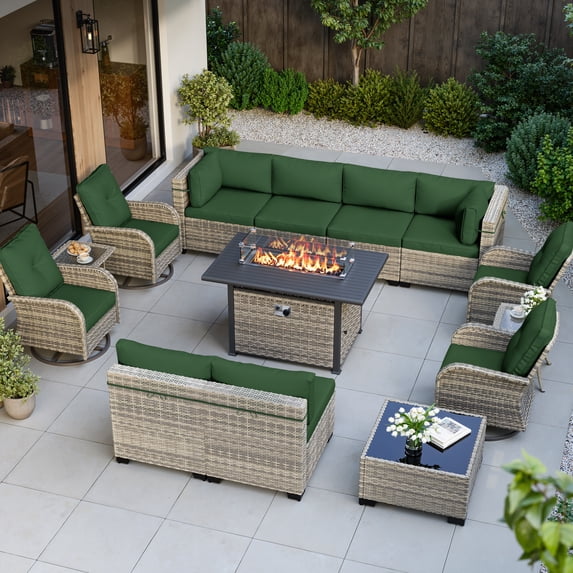 14-Piece Outdoor Patio Furniture Set with Rocking Swivel Chair, Wicker Rattan Sectional Sofa Conversation Set with 55,000 BTU Fire Pit Table, Backyard Furniture,Dark Green