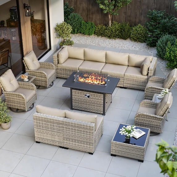 14-Piece Outdoor Patio Furniture Set with Rocking Swivel Chair, Wicker Rattan Sectional Sofa Conversation Set with 55,000 BTU Fire Pit Table, Backyard Furniture,Beige