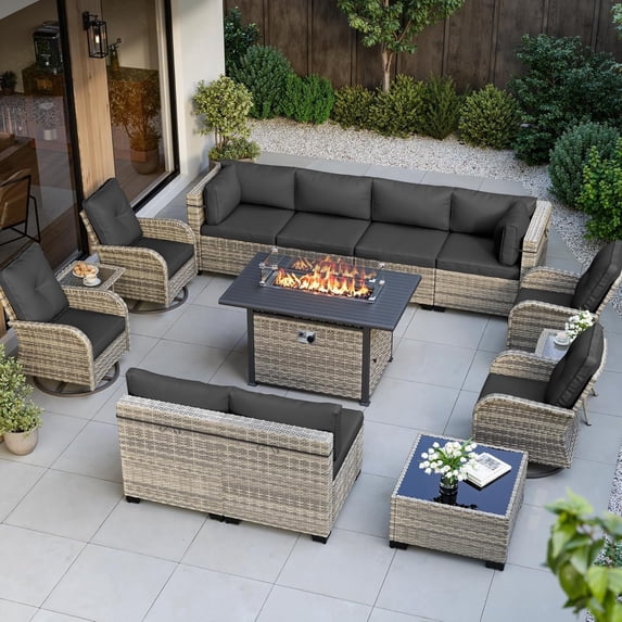 14-Piece Outdoor Patio Furniture Set with Rocking Swivel Chair, Wicker Rattan Sectional Sofa Conversation Set with 55,000 BTU Fire Pit Table, Backyard Furniture,Dark Grey