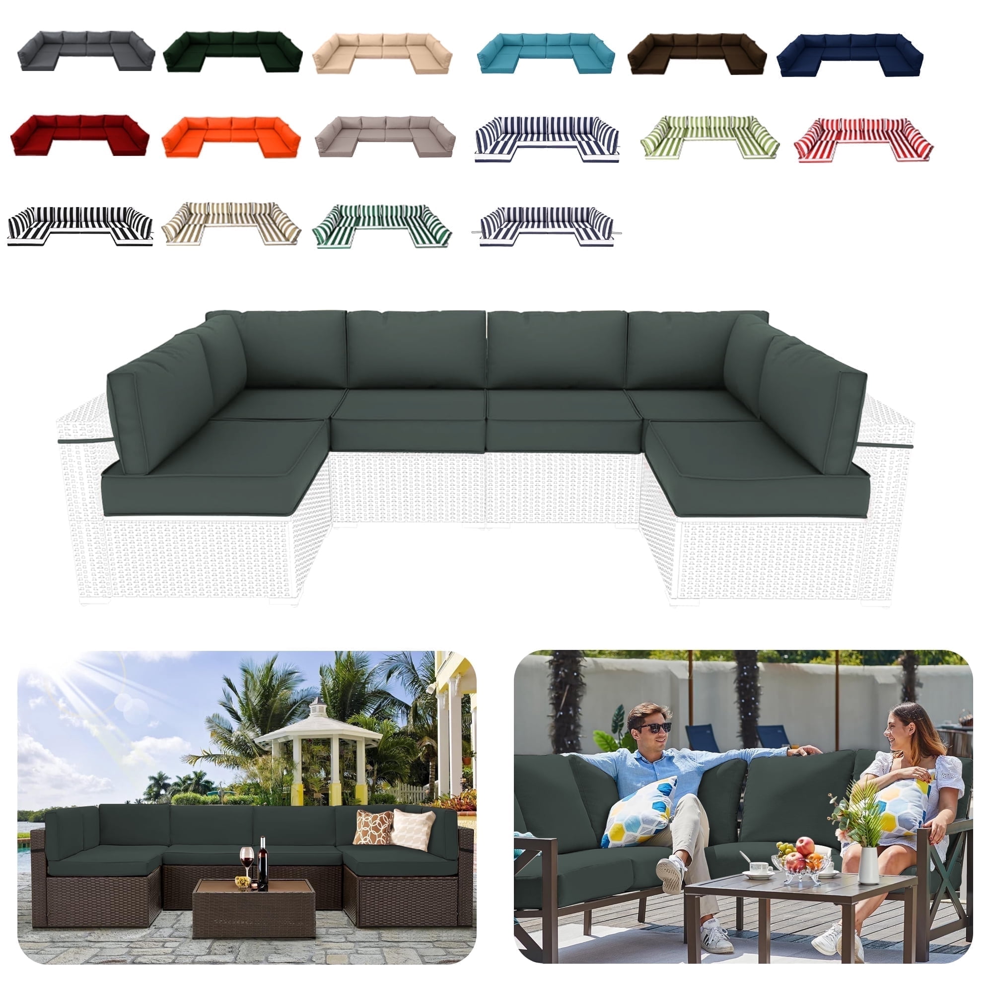14-Piece Replacement Cushions For Outdoor Sectional Furniture – 25.2” Seat, 3.2” Thick 25D Foam, Anti-Slip, Grey