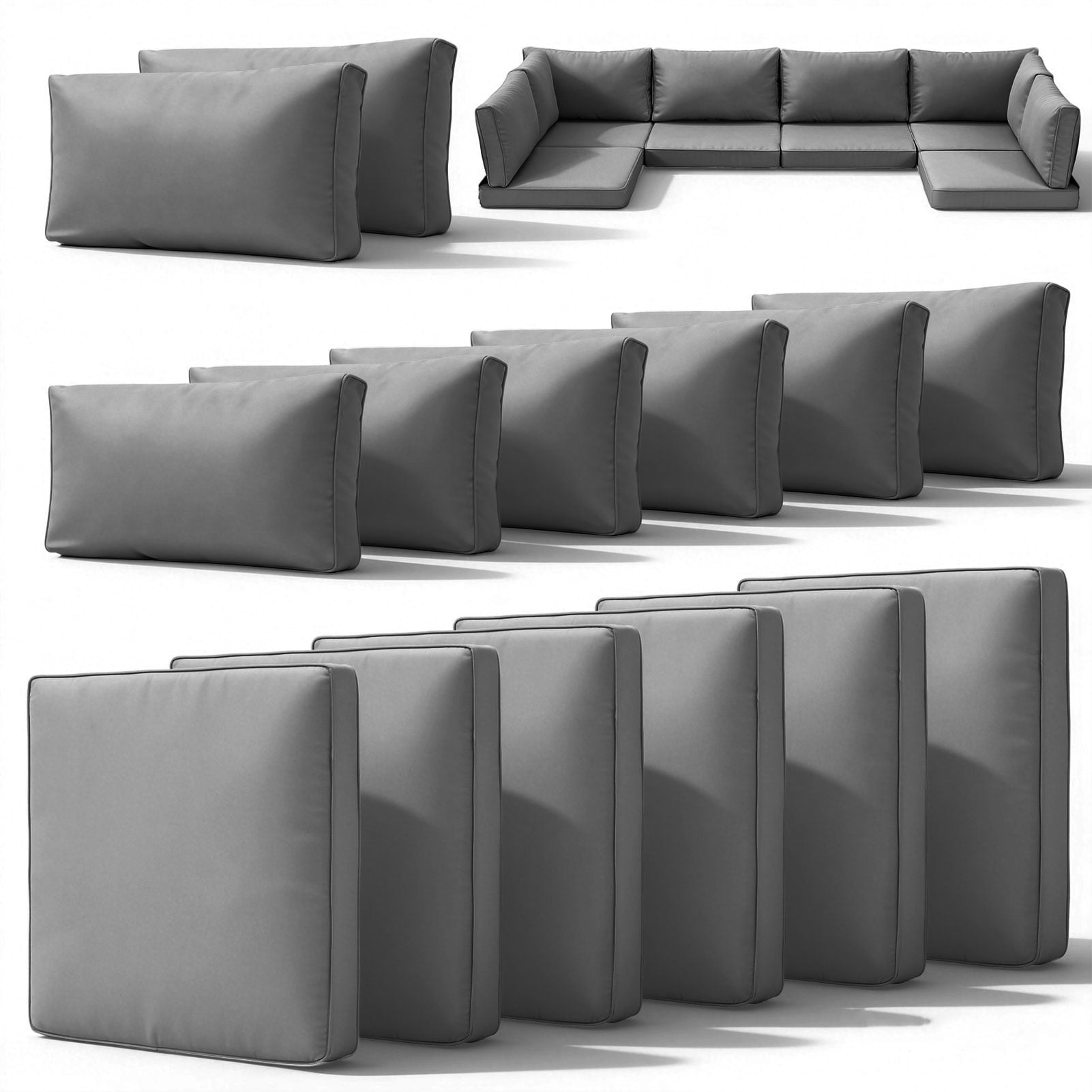 14-Piece Patio Furniture Replacement Cushion Set with Washable Covers, Waterproof Sectional Outdoor Sofa Cushions (6 Seat + 6 Back + 2 Armrest), 4" High-Density Foam with Anti-Slip Base, Gray