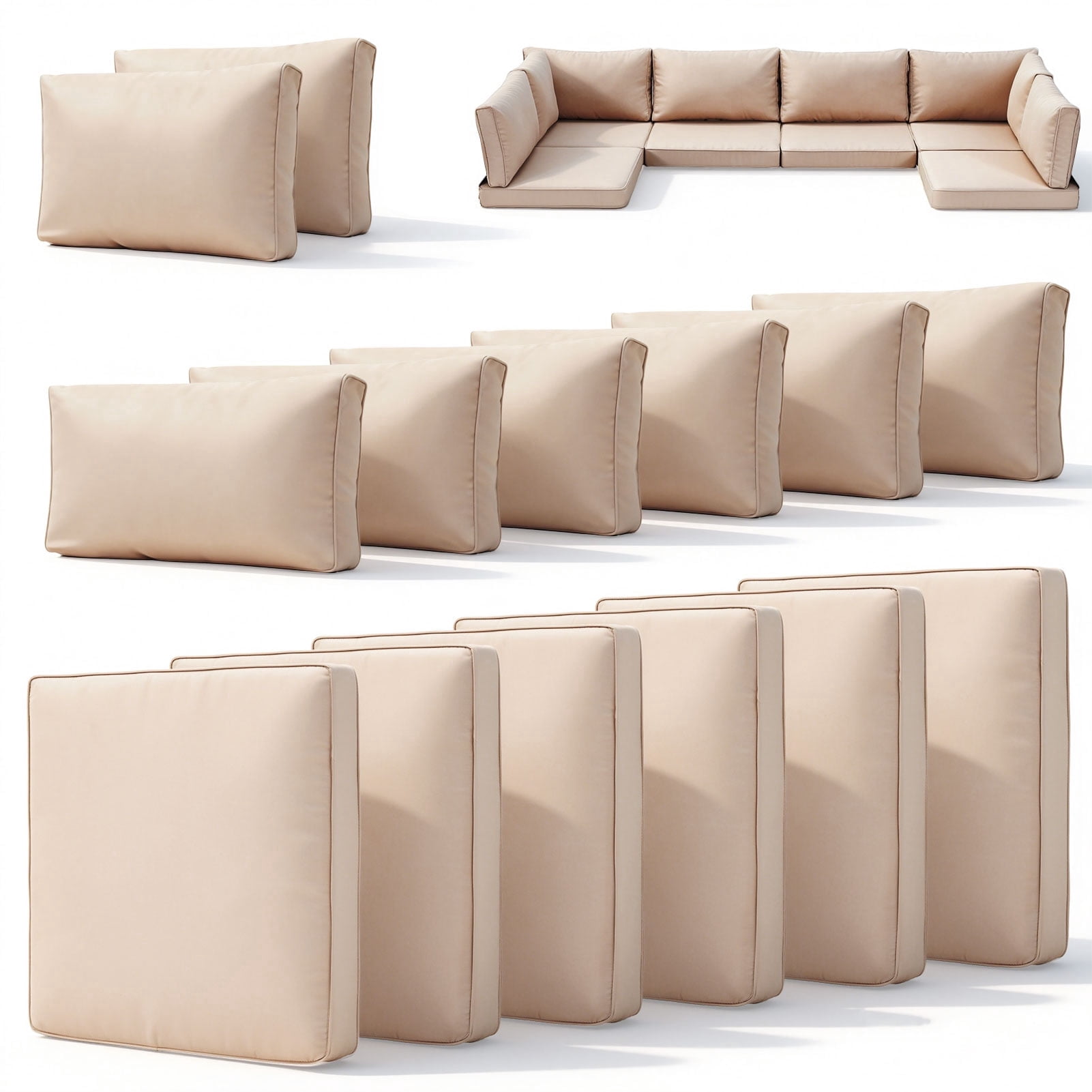 14-Piece Patio Furniture Replacement Cushion Set with Washable Covers, Waterproof Sectional Outdoor Sofa Cushions (6 Seat + 6 Back + 2 Armrest), 4" High-Density Foam with Anti-Slip Base, Khaki