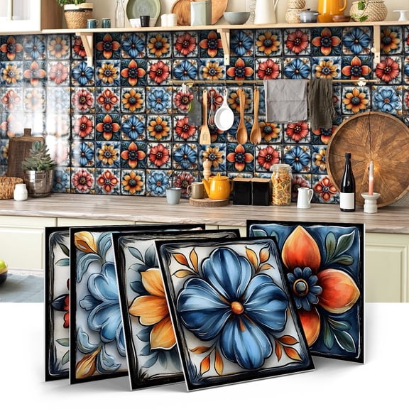 14 Piece Peel and Stick Tiles Wall Stickers 5.9" x 5.9" Floral Pattern Decor Kitchen Backsplash Self Adhesive Waterproof Decals Mural