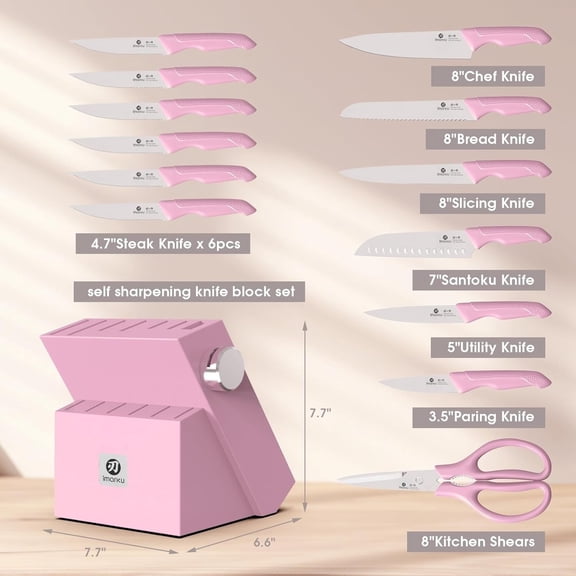 14-Piece Pink Kitchen Knife Set with Block, Stainless Steel Knives with Built-in Sharpener, Ergonomic Non-Slip Handle, Dishwasher Safe, Perfect Gift for Home Chefs