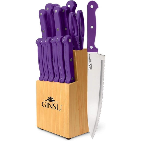 14-Piece Purple Knife Set with Natural Block - Dishwasher Safe and Always Sharp