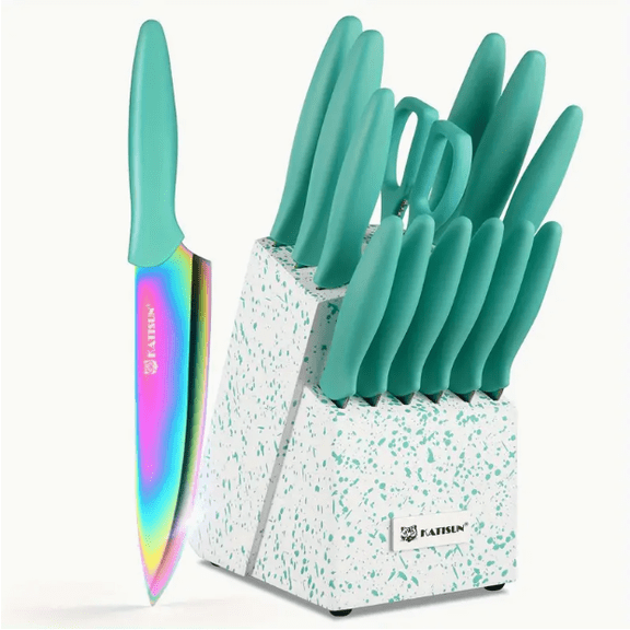 14-Piece Rainbow Colored High Carbon Stainless Steel Kitchen Knife Set, Titanium Coated Blade, Rust-Free & Super Sharp, Flatware Set With Wooden Stand & Kitchen Scissors, For Family & Restaurateurs