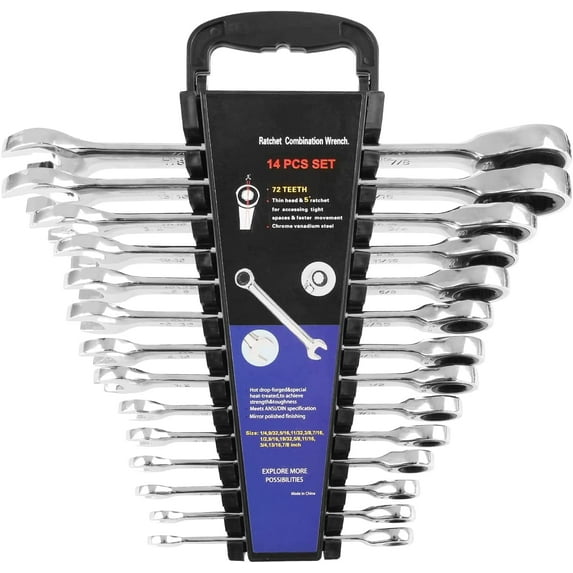 14-Piece Ratcheting Wrench Set, SAE 1/4”-7/8”, Chrome Vanadium Steel Combination Wrench set with Wrench Rack