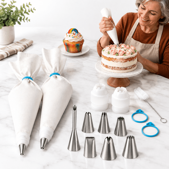 14-Piece Reusable Pastry Piping Bag and Tip Set for Cake, Cupcake and Cookie Decorating