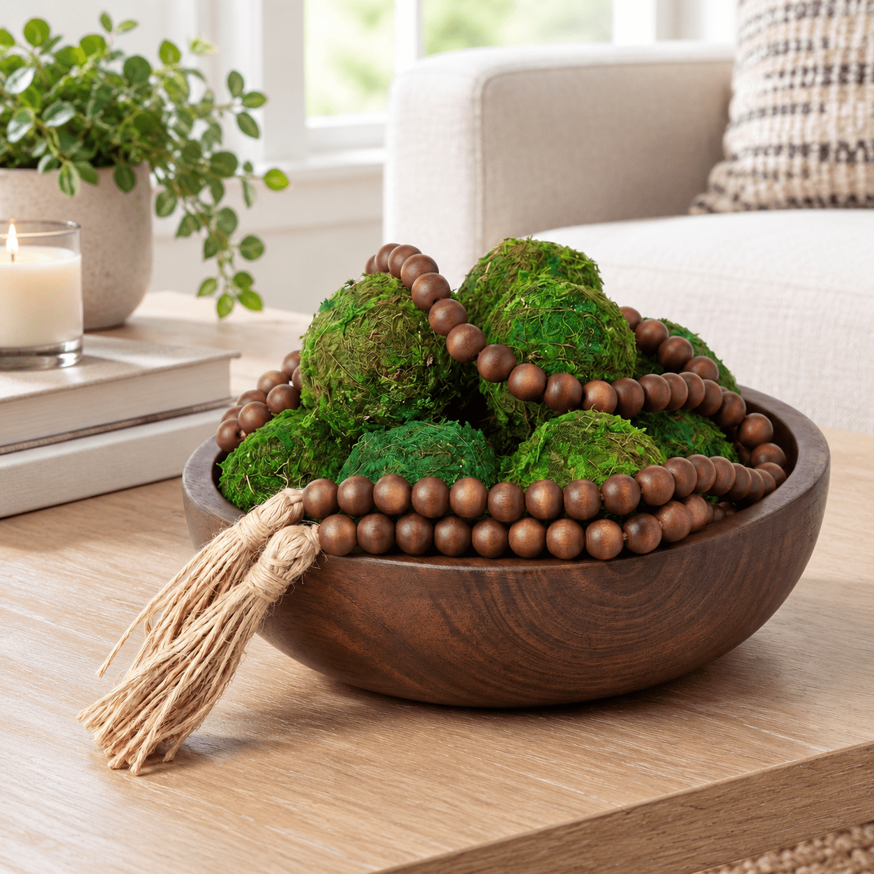 Rustic Bowl Set 14 Piece Rustic Table Decor Set Wooden Bowl with Moss Balls Brown ...