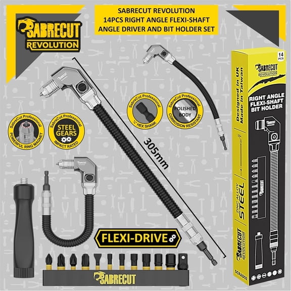 14 Piece SCRAD02 305mm Heavy Duty 1/4 Inch Compact Flexible Right Angle Impact Driver Bit Holder & 63/64" (25mm) Bits Set Dual Position Handle & Magnetic Spring Loaded Quick Release Collar
