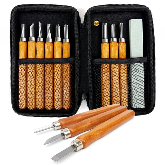 14 Piece SK5 Carbon Steel Wood Carving Tool Set with Whetstone and Protective Case