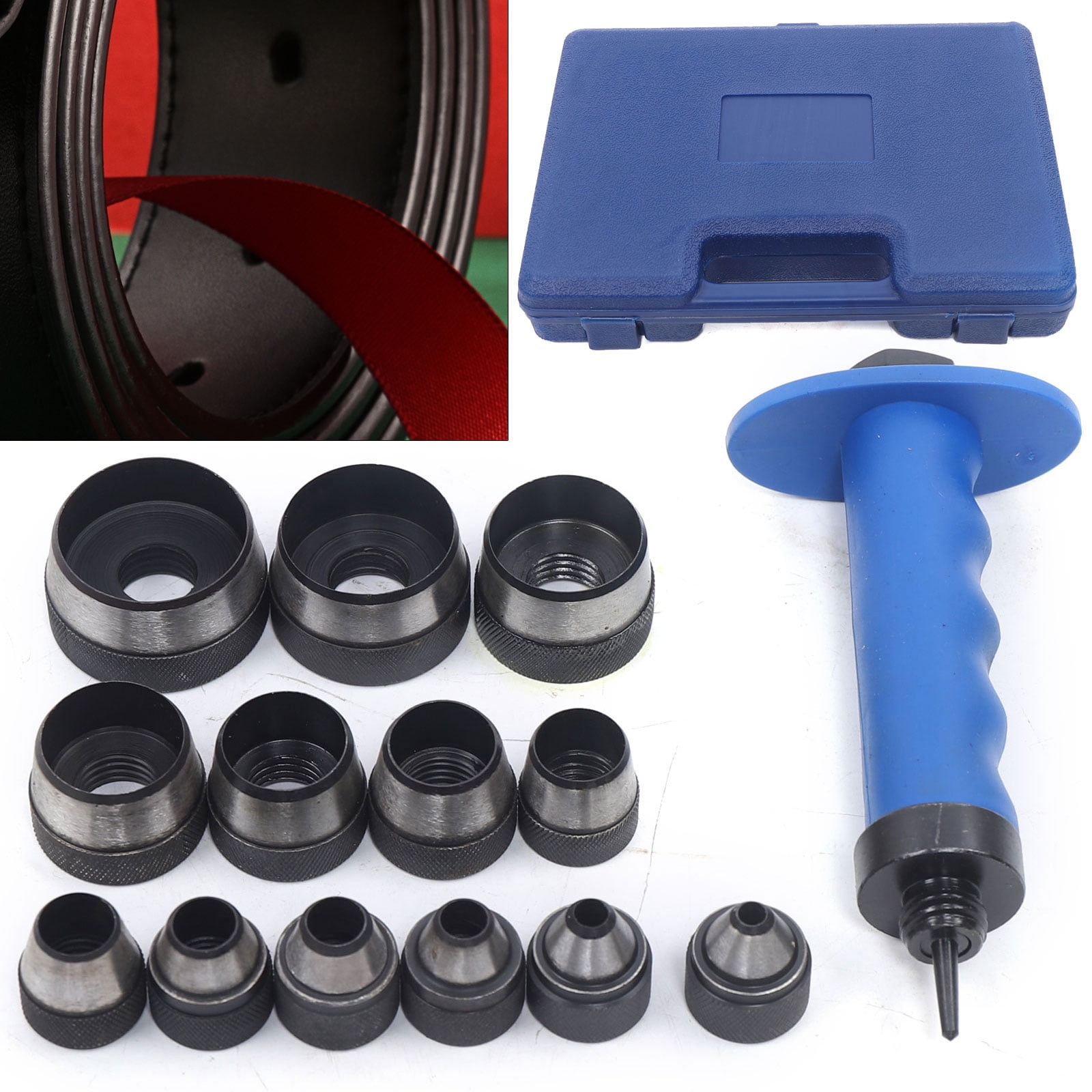 14 Piece Set Belt Punch Set for Leather Rubber and Gasket, 5 mm to 35 mm Sharp Hollow Hole Punch Tools, Replaceable Belt Punch, Interchangeable Large Hollow Hole Punch Set