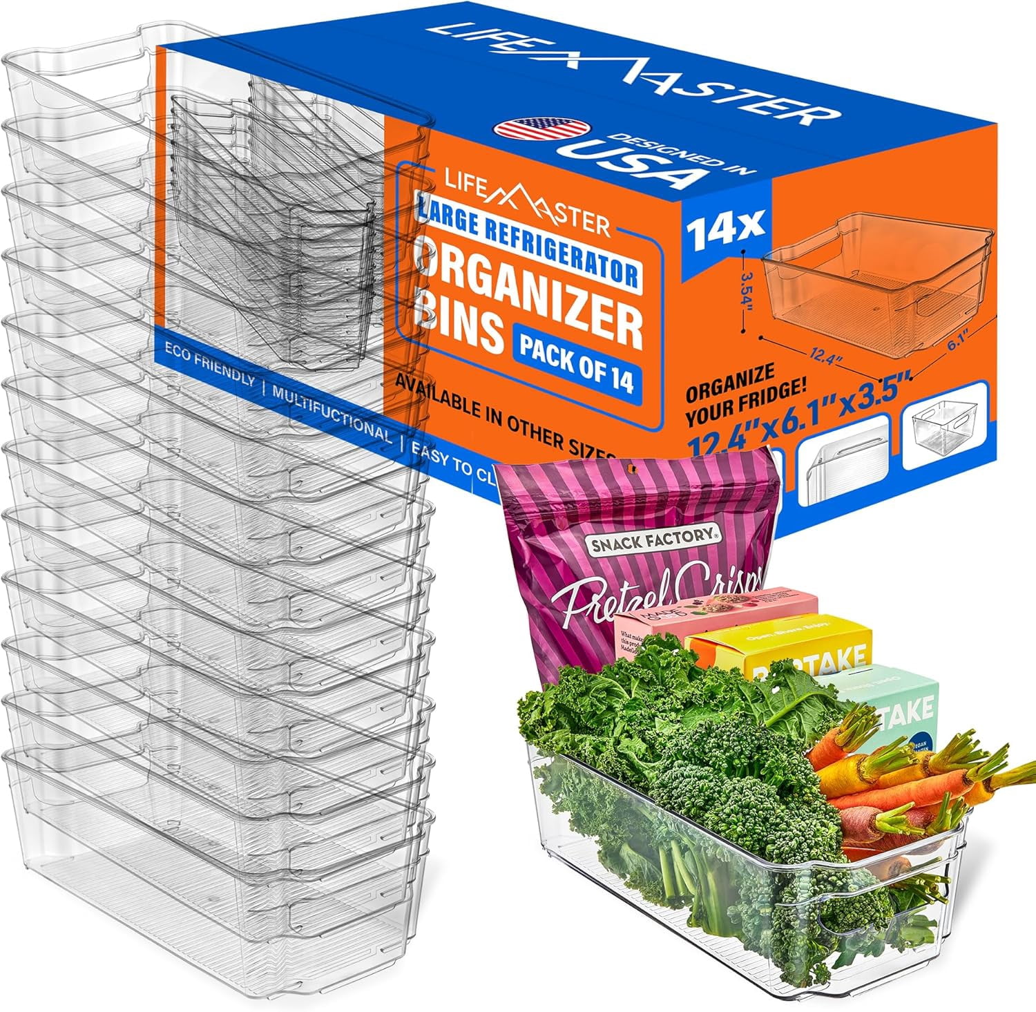 14-Piece Stackable Refrigerator Bin Organizer Set with Easy Grip Handles - Clear Multi-Purpose Storage Bins for Fridge and Pantry Use