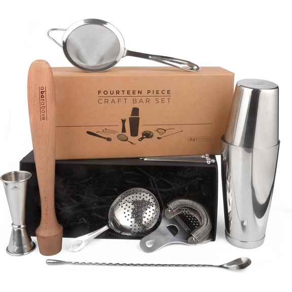 14-Piece Stainless Steel Bartender Kit, Premium Professional Barware Set for Home Bars and Mixologists, Includes Cocktail Shaker, Jigger, Spoon, Strainers, Muddler, Picks, and More