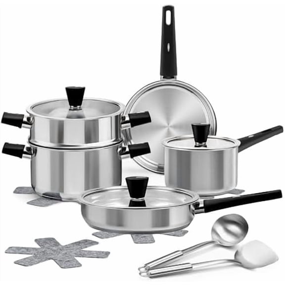 14-Piece Stainless Steel Cookware Set for Induction Stovetops – Non-Toxic Pots & Pans with Stay-Cool Handles, Glass Lids, Steamer, Pot Mats & Utensils – Dishwasher Safe Kitchen Cookware