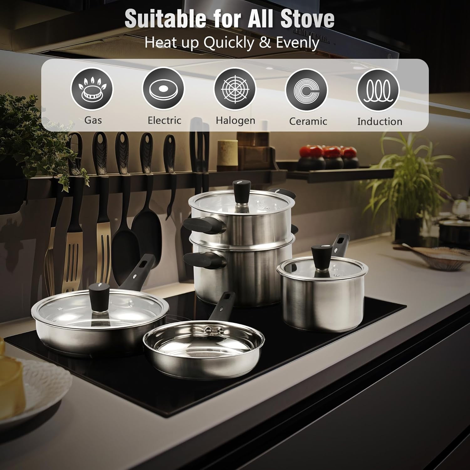 14-Piece Stainless Steel Cookware Set Non-Toxic Induction Pots and Pans ...