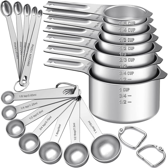 14 Piece Stainless Steel Measuring Cups and Spoons Set Square Nesting with 5 Mini Spoons and 1 Leveler for Cooking Baking