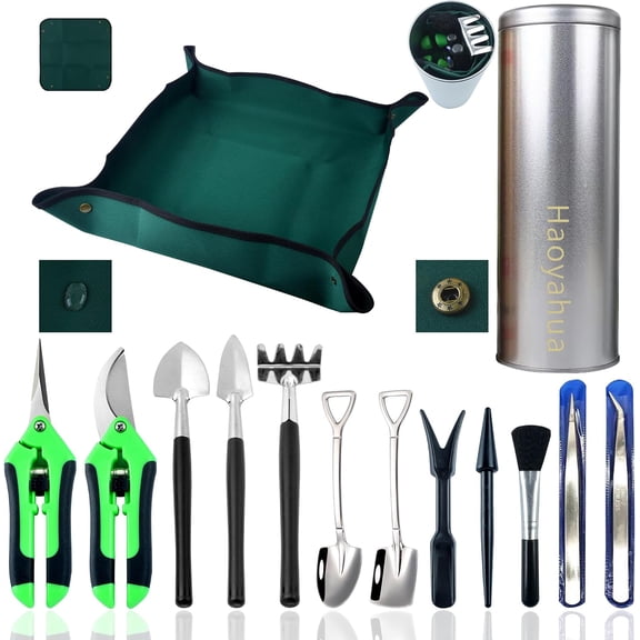 14-Piece Succulent Tool Set Mini Hand Transplanting for Miniature Gardening | Indoor Houseplant Care with Waterproof Repotting Mat, Mess Control, Pruning Shears & Shovel for Fairy, Bonsai, Cactus Pot