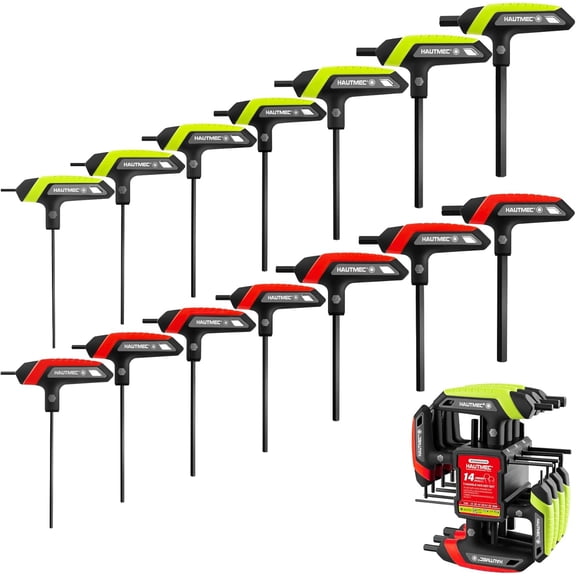 14-Piece T-Handle Allen Wrench Set, SAE & Metric T-Handle Hex Key Set, High Torque CR-V Steel Allen Key Set with Storage Rack, for Bike, Motorcycle, Furniture & Auto Repair, HTHKH25040