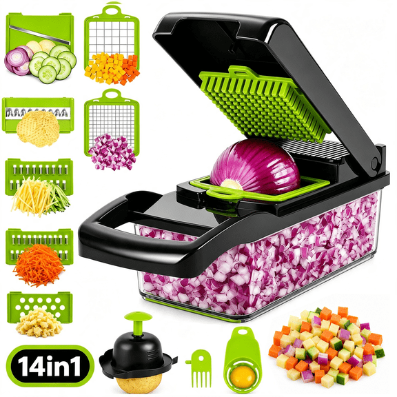 14-Piece Vegetable Chopper & Mandoline Slicer, Food Veggie Chopper with Container, Kitchen Gadget with Sharp Stainless Steel Blades for Slicing Dicing Shredding and Meal Prep