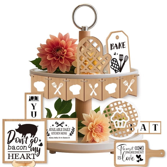 14 Pieces Baking Theme Tiered Tray Decor Cottage Kitchen Wooden Decorations Set EAT Tiles Table Top Decor for Farmhouse Home Tabletop Centerpieces