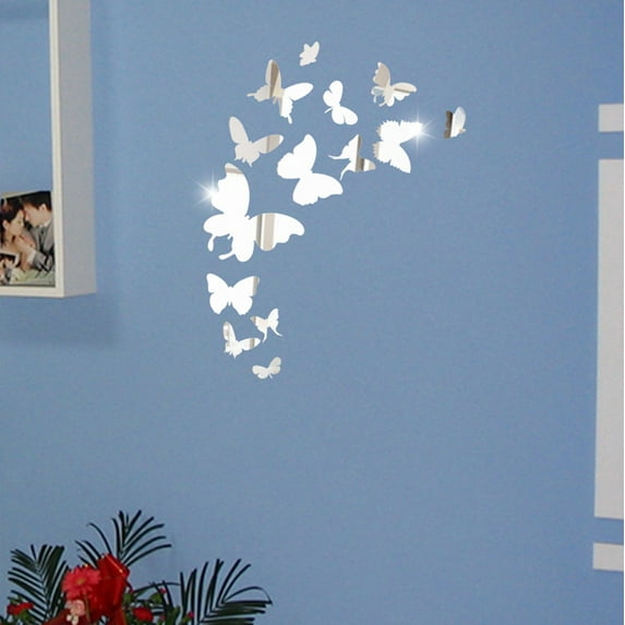 14 Pieces Butterfly Wall Decor DIY Mirror 3D Butterfly Stickers Removable Butterfly Decals for Home Bedroom Bathroom Living Room Decor(Butterfly,Silver)