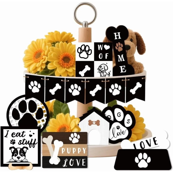 14 Pieces Dog Tiered Tray Decor Cute Puppy Love Paw Wooden Decorations Set Bone Wooden Signs Table Top Decor for Dog Lover Gifts Farmhouse Tabletop Centerpieces Decorations Colorful