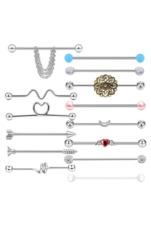 14 Pieces Earring Bar Barbell Piercing Body Stainless Steel Industrial Barbell Earrings