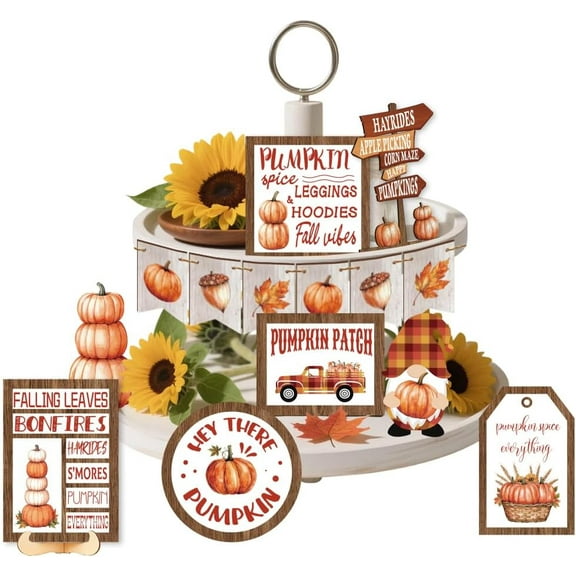 14 Pieces Fall Pumpkin Tiered Tray Decor Rustic Farmhouse Truck Wooden Decorations Set Cute Table Top Decor for Farmhouse Thanksgiving Fall Tabletop Centerpieces Decorations Beige