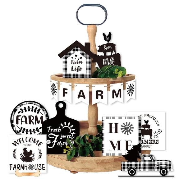 14 Pieces Farmhouse Tiered Tray Decor Rustic Tabletop Signs Decorative Trays Buffalo Plaid Table Top Decor for Farmhouse Home Tabletop Centerpieces
