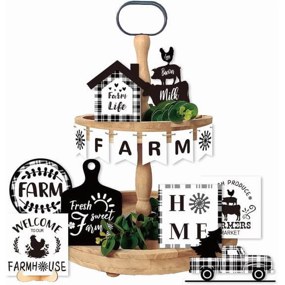 14 Pieces Farmhouse Tiered Tray Decor Rustic Tabletop Signs Decorative Trays Buffalo Plaid Table Top Decor