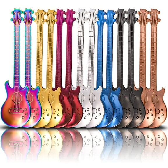 14 Pieces Guitar Coffee Spoons, 18/10 Stainless Steel Small Spoon, 4.7 Inch Creative Demitasse Espresso Spoons for Dessert, Ice Cream, Tea, Stirring, Mixing, (Multi-Color)