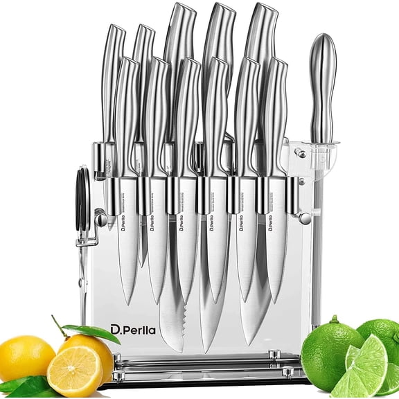 14 Pieces Kitchen Knife Set with Clear Acrylic Knife Holder, Stainless Steel Super Sharp Chef Knife with Hollow Handle in One Piece Design