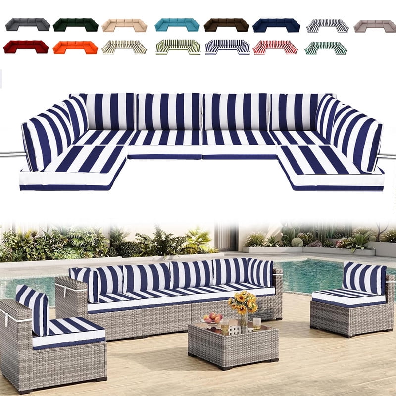 14 Pieces Outdoor Replacement Sectional Cushions Set, Waterproof patio furniture cushions For Outdoor Furniture, 4in thick outdoor couch cushions For 6 Seat（Blue white）