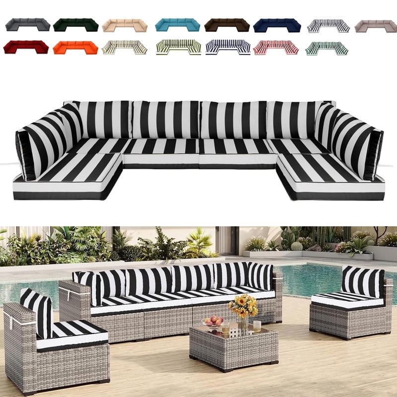 14 Pieces Outdoor Replacement Sectional Cushions Set, Waterproof patio furniture cushions For Outdoor Furniture, 4in thick outdoor couch cushions For 6 Seat（Black white）