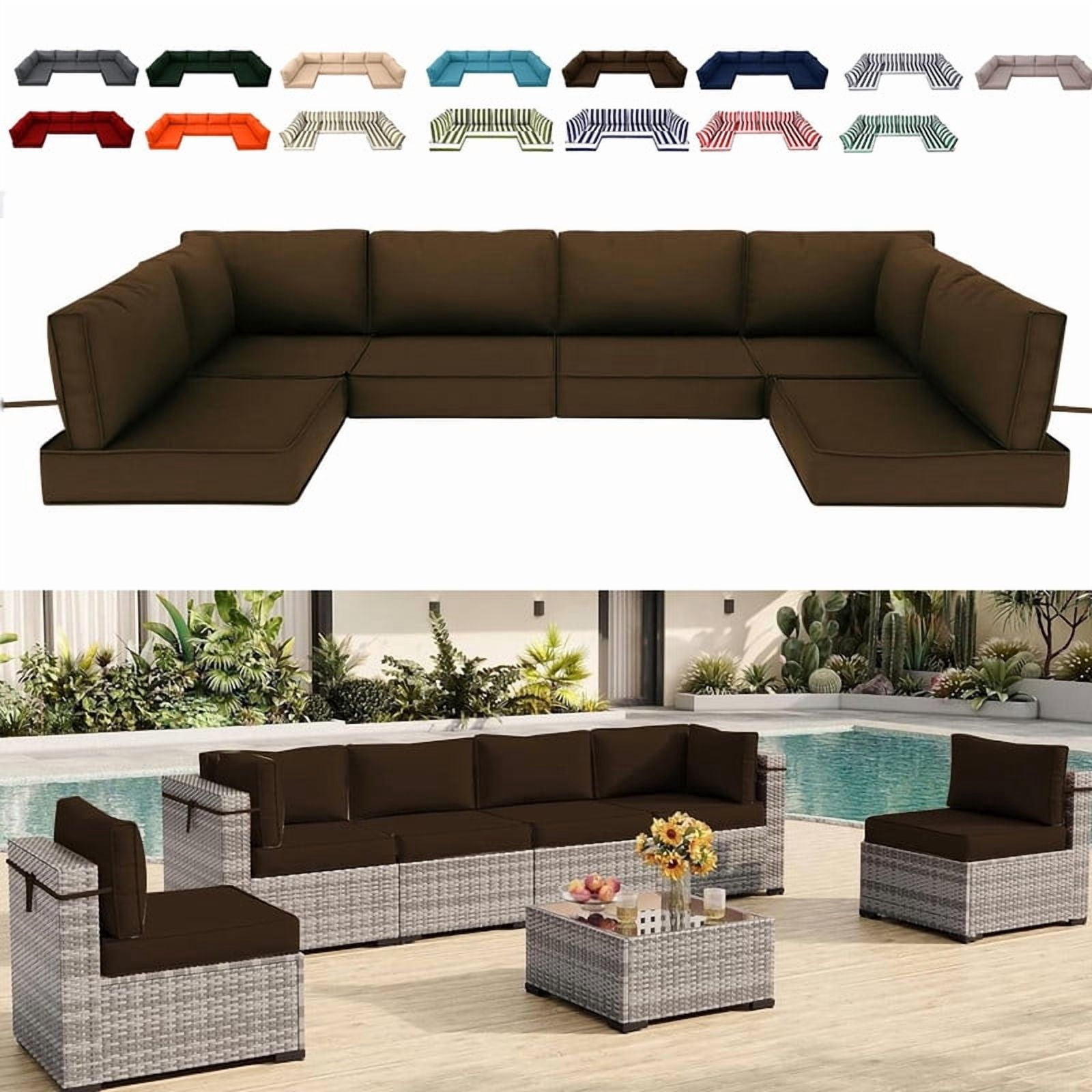 14 Pieces Outdoor Replacement Sectional Cushions Set, Waterproof patio furniture cushions For Outdoor Furniture, 4in thick outdoor couch cushions For 6 Seat（Coffee color）