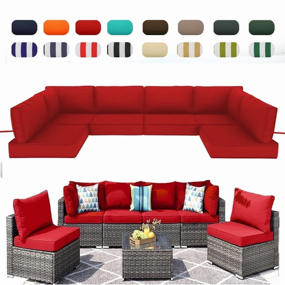 14 Pieces Outdoor Sectional Cushions Replacement set, 4in Thick Patio Furniture Cushions, Waterproof Outdoor Couch Cushion,Deep Seat Patio Cushions for 6 Seat（Red）